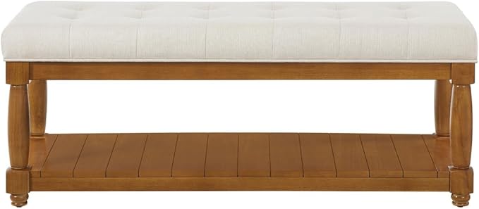 24KF Large Rectangular Upholstered Tufted Bed Bench, Linen Fabric Storage Ottoman Bench for Living Room, Padded Entryway Bench with Solid Wood Shelf,5098-Ivory