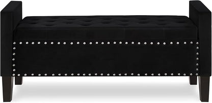 Velvet Storage Ottoman with Armrests, Upholstered Button Tufted Entryway Bench with Nails Trim for Bedroom End of Bed, Living Room,Black