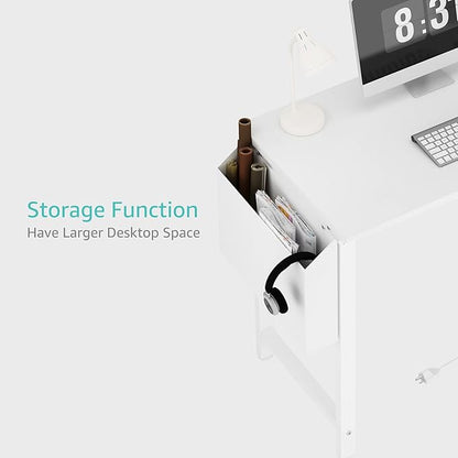 Lufeiya White Computer Desk with Power Outlet, 40 inch Simple Teen Study Table Home Office Work Writing Desks with Charging Station Outlets USB Port Built in, Storage Pocket，White