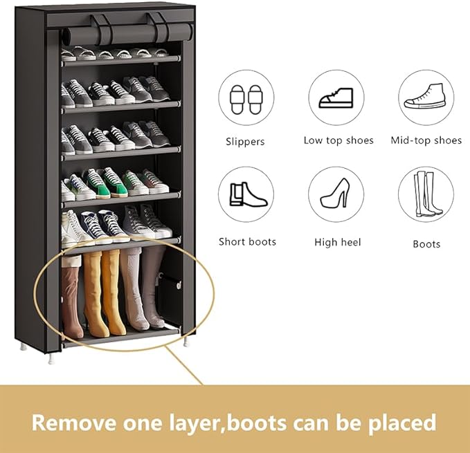 Calmootey 7 Tier Shoe Rack Organizer,Portable Shoe Shelf with Nonwoven Fabric Cover for Closet Hallway,Bedroom,Entryway,Grey