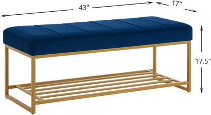 24KF Navy Velvet Upholstered End of Bed Bench with Metal Shelf, Modern Tufted Channel Entryway Bench Footboard Bench for Living Room, Bedroom, Gold Bench,5036-Navy