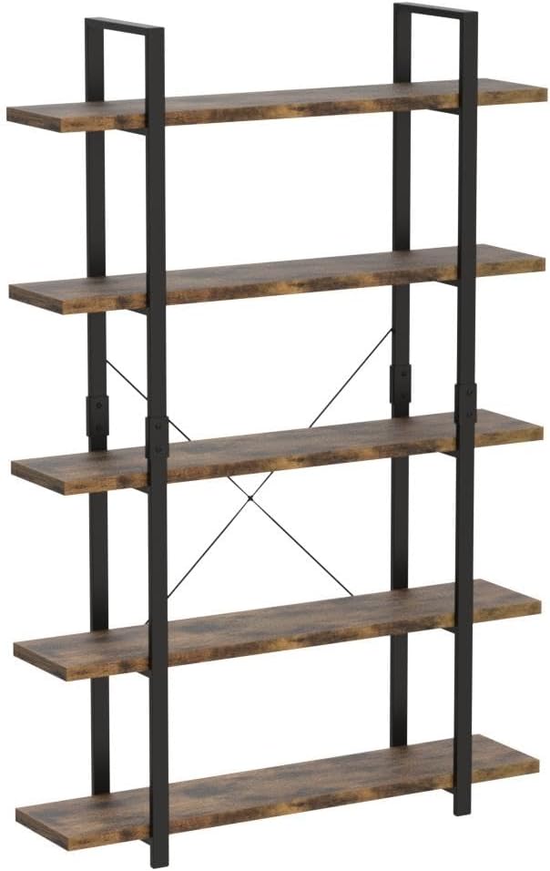 FRAPOW 5 Tier Bookshelf, 70 inch Tall Solid Bookcase Industrial Wooden Bookshelves Large Wall Etagere Rustic Vintage Book Shelf with Metal Frame Open Storage Rack for Living Room Home Office