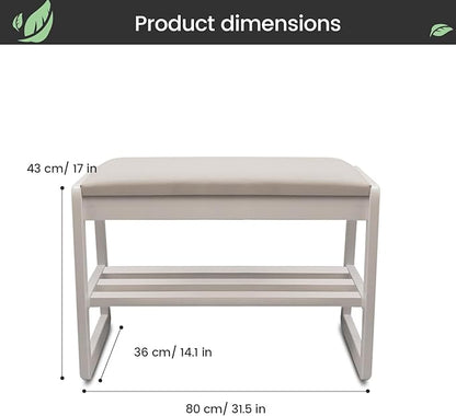 Solid Wood Shoe Rack, 2 Tier Shoe Storage Bench with Cushion Seat, 8 Pair Shoe Organizer for Entryway, White, 32 Inch