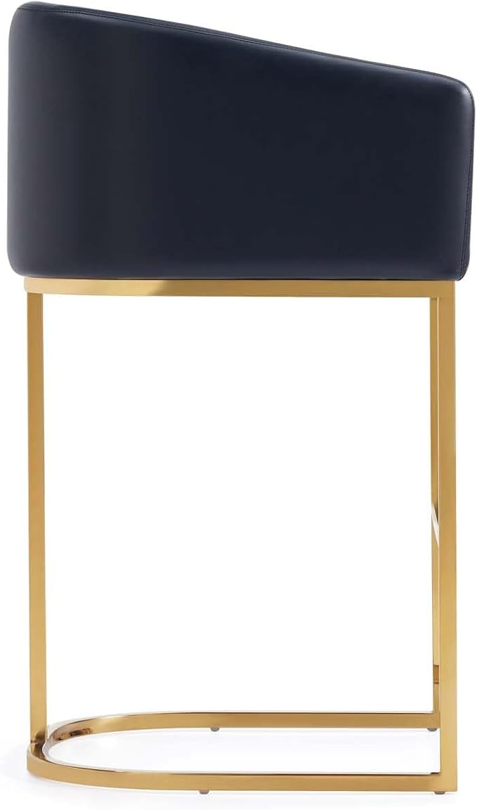 Manhattan Comfort Louvre 26 Inch Mid Century Modern Counter Height Bar Stools - Elegant Faux Leather Padded Seat, Stainless Steel Base with Footrest, Fully Assembled Barstools, Set of 3, Black & Gold