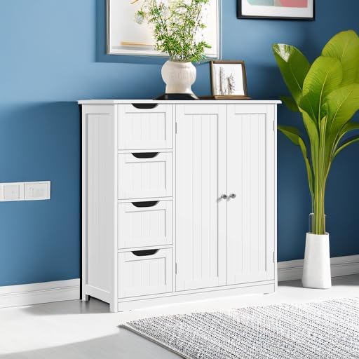 Yaheetech Wooden Bathroom Floor Cabinet, Side Storage Organizer Cabinet with 4 Drawers & Double Doors, Freestanding Entryway Storage Unit Console Table, Bathroom Furniture Home Decor, White