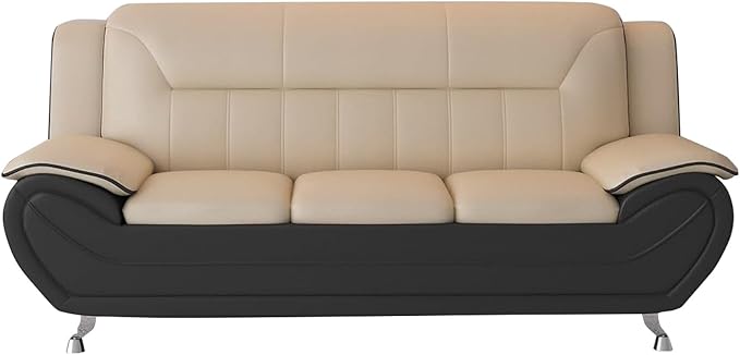 Container Furniture Direct Michael Modern Faux Leather Upholstered Stainless Steel Legs Living Room Sofa, Camel/Black