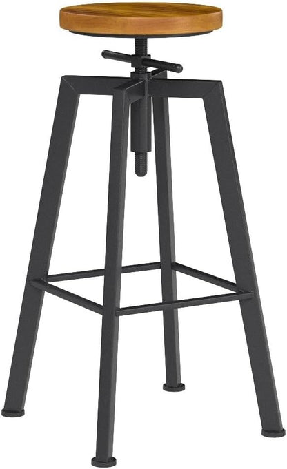 Vintage Adjustable Bar Stools Set of 2, Height Ranges from 24.8 to 30.8 inch, Natural Wood Seat and Heavy Metal Frame Rustic Industrial Swivel Bar Stools