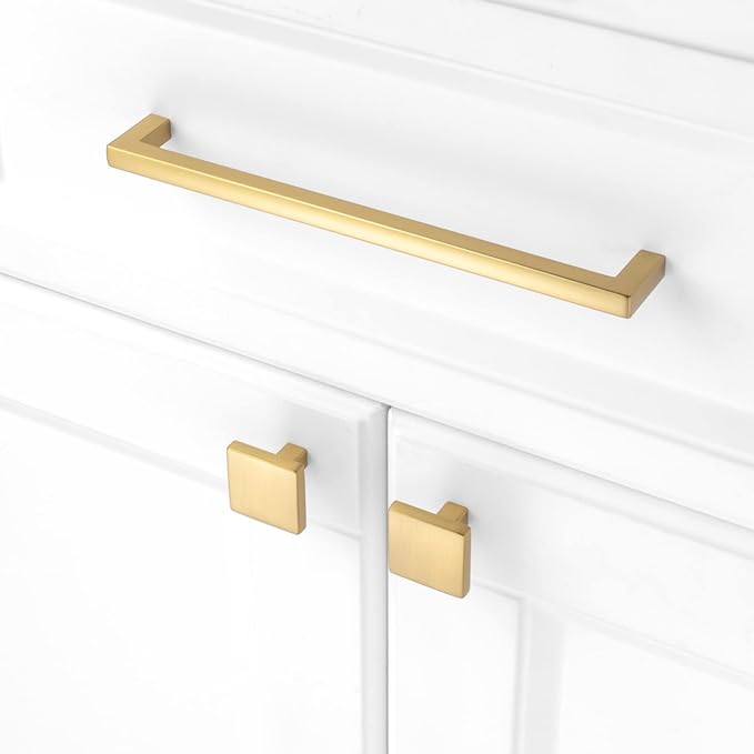KOOFIZO Solid Square Bar Cabinet Handle - Brushed Gold Furniture Pull, 7.6 Inch/192mm Screwhole Distance, 1-Piece for Kitchen Cupboard Door, Bedroom Dresser Drawer, Bathroom Wardrobe Hardware
