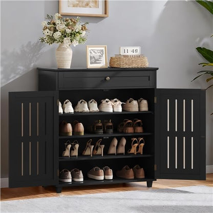 Yaheetech Shoe Cabinet, 4-Tier Shoe Storage Cabinet with Drawer & Adjustable Shelves, Wooden Shoe Rack Organizer with Louvered Doors for Entryway, Hallway, Closet, Living Room, Black