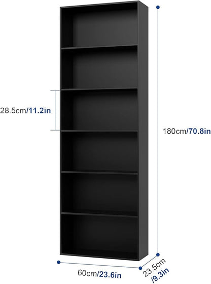 FOTOSOK 6-Tier Open Bookcase and Bookshelf, Freestanding Display Storage Shelves Tall Bookcase for Bedroom, Living Room and Office, Black