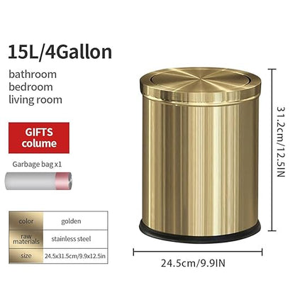 15L/4GAL Gold Bathroom Trash Can, Small Waste Basket with Flipping Lid,Modern Trash can, Golden Trash Can for Bathroom,Kitchen，Living Room,Hotel,Office(Singer Gold)