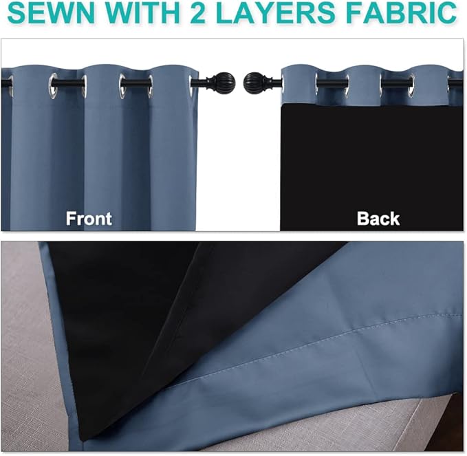 NICETOWN Small 100% Blackout Curtain with Black Liner, Thermal Insulated 2-Layer Lined Drape, Energy Efficiency Small Window Drapery for Dining Room (Stone Blue, 1 Panel, 52-inch W by 45-inch L)