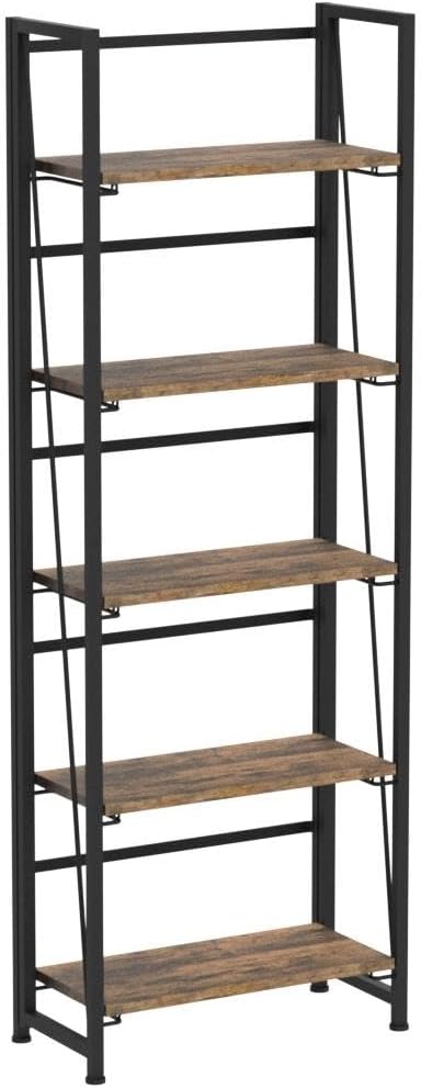 4NM No Assembly Folding Bookshelf, 5-Shelf 62.2" H Collapsible Foldable Bookcase Storage for Small Spaces, Rustic Brown and Black