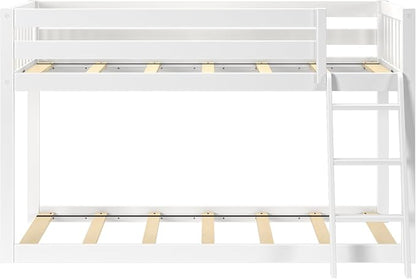 Max & Lily Fundamental Twin Low Bunk Bed, Kids Solid Wood Modern Bed Frame with Strong Wooden Slats, Non-Toxic Finishes, High Weight Capacity, White