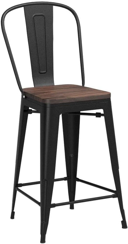 Yongqiang Barstools Set of 4 Counter Height Bar Stools for Kitchen Island Farmhouse Metal High Back Bar Chairs Wooden Seat 24" Matte Black