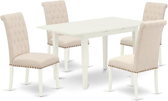 East West Furniture NOBR5-LWH-02 5 Piece Dining Table Set Includes a Rectangle Dining Room Table with Butterfly Leaf and 4 Light Beige Linen Fabric Parsons Chairs, 32x54 Inch, Linen White