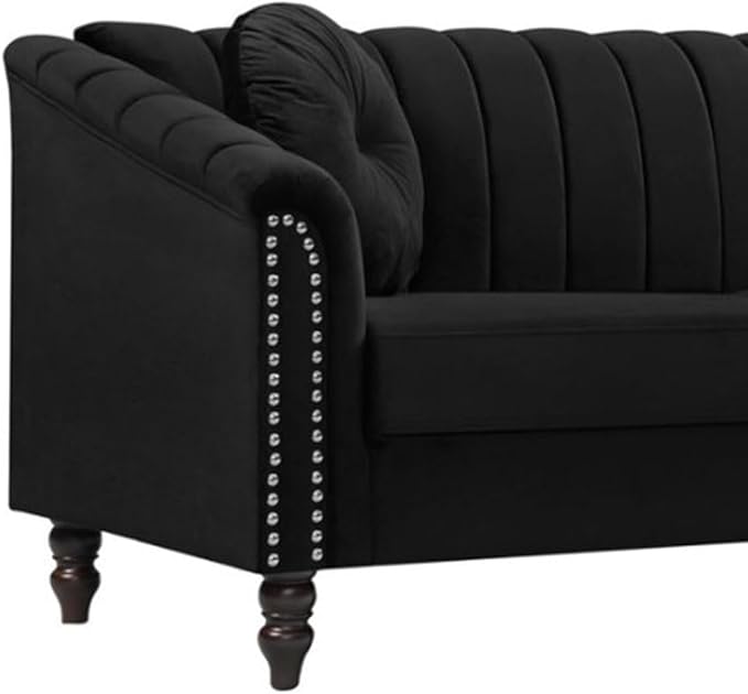 Sectional Sofa Set, Microfiber Chesterfield Upholstered Sofas Loveseat Couch Chair Sets with Style Button Tufted, Scroll Arms and Nailhead for Living Room, Office, Apartment-Black,S