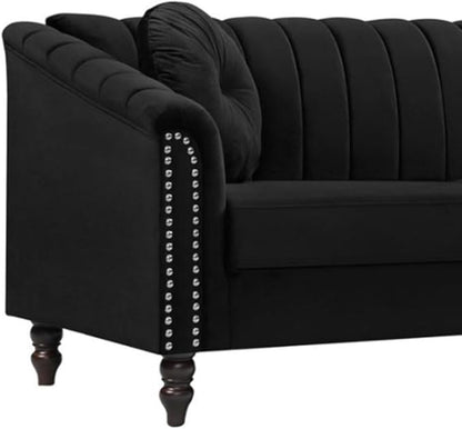 Sectional Sofa Set, Microfiber Chesterfield Upholstered Sofas Loveseat Couch Chair Sets with Style Button Tufted, Scroll Arms and Nailhead for Living Room, Office, Apartment-Black,S