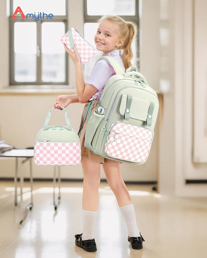 Girls Backpack with Lunch Box 3Pcs, Waterproof School Bag Set for Teen Elementary Middle School, Multi-Pocket Laptop Bookbag Lightweight, Green