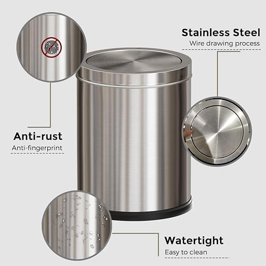 15L/4GAL Silver Stainless Steel Bathroom Garbage can, Bathroom Trash Can with Flipping Lid，Brushed Nickel Gaebage Can for Bedroom,Living Room,Office,Hotel,Shop,Restaurant (15L-Silver)