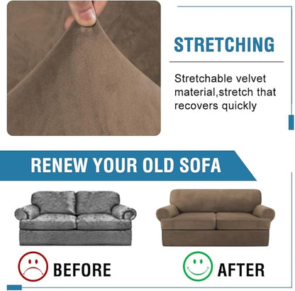 H.VERSAILTEX Sofa Cover 3 Piece T Cushion Loveseat Slipcovers Thick Velvet Couch Cover Stretch T Cushion Sofa Covers for 2 Cushion Couch with 2 Individual T Cushion Covers, Mocha