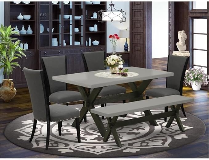 East West Furniture X696VE650-6 6 Piece Kitchen Table & Chairs Set Contains a Rectangle Dining Room Table and 4 Dark Gotham Linen Fabric Parson Chairs with a Bench, 36x60 Inch, Multi-Color