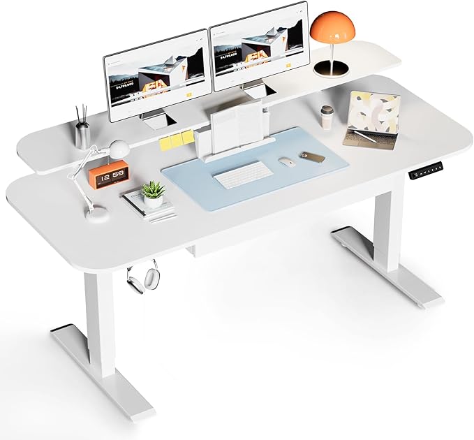 COMHOMA Electric Standing Desk with Drawers, 55 x 24 Inch Sit Stand up Desk with Monitor Stand, Laptop Stand, Height Adjustable Ergonomic Home Office Computer Desks with Memory Preset Controller