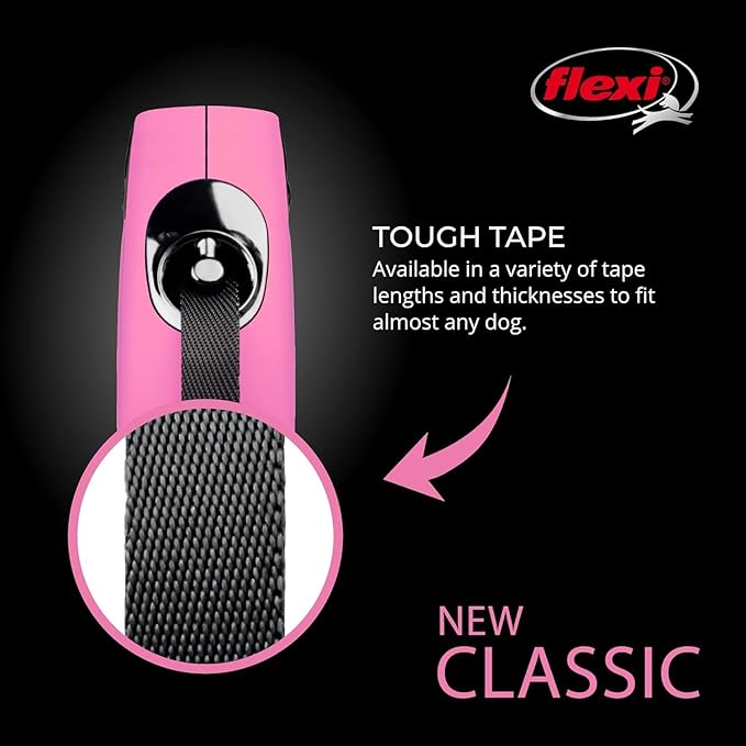 FLEXI New Classic Tape Retractable Dog Leash for X-Small Dogs Upto 26 lbs. – 10 ft., Pink | Tangle Free Pet Walking Leash with One-Handed Brake, Pause, Lock|German Quality Product