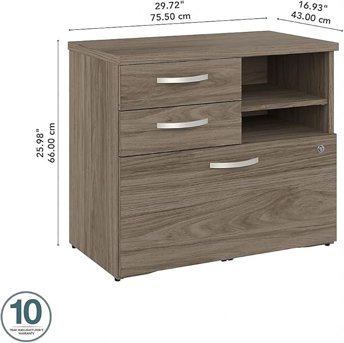 Bush Business Furniture Studio C Office Storage Cabinet with Drawers and Shelves in Modern Hickory, Organization for Home or Professional Workspace