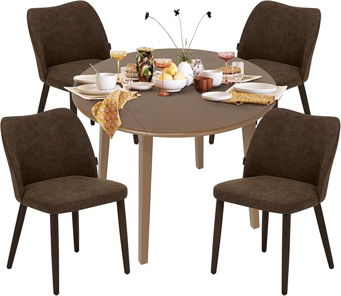 COLAMY 5-Piece Extendable Dining Table Set for 4, 36" Kitchen Round Wood Table with 4 Wooden Dining Room Chairs,Light Brown/Dark Brown