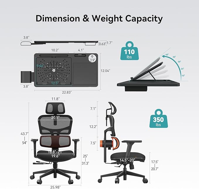 Newtral Ergonomic Office Chair - Home Office Desk Chair, Big and Tall Office Chair with Auto-Following Lumbar Support, Adjustable Seat Depth and Height (No Foot Rest + Laptop Table, Black)