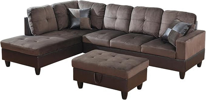 Osparple L Shaped Couch Sectional Couches for Living Room Upholstered Flannel 3 Pieces Modular Sectional Sofa with Chaise, Ottoman with Storage for Living Room and Small Apartment, Deep Brown