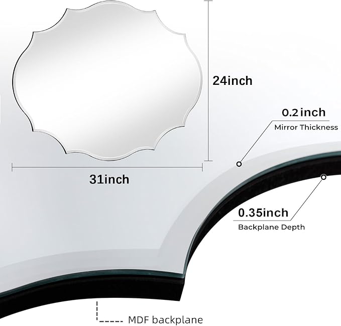 Muzilife 24x31 Frameless Oval Wall Mirror Beveled Scalloped Mirror Silver Wall Mirror with MDF Backplane Over Bathroom Sink for Vanity, Bedroom or Any Other Room in Your Home