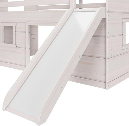 Max & Lily Loft Bed Twin Size, Solid Wood Low Loft Bed with Slide and Ladder, Modern Farmhouse Loft Bed for Kids, White Wash