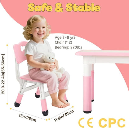 FUNLIO Adjustable Kids Chair (2pcs), 3 Level Height Adjustable Toddler Chair for Ages 3-8, Sturdy Child Chair with Maximum Bearing 220lbs, for Classrooms/Daycares/Homes, CPC & CE Approved - Pink