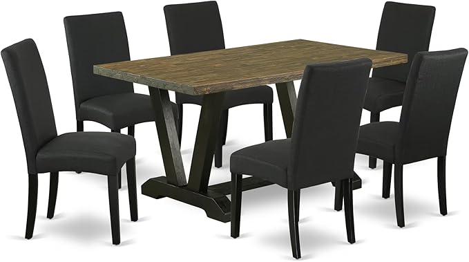East West Furniture V676DR124-7 7 Piece Dining Room Table Set Consist of a Rectangle Dining Table with V-Legs and 6 Black Color Linen Fabric Upholstered Chairs, 36x60 Inch, Multi-Color