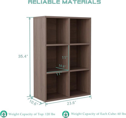 6-Cube Storage Shelf Bookcase - Wooden 3-Tier Floor Standing Open Bookshelf for Home and Office, Cuby Orgainzer, Walnut