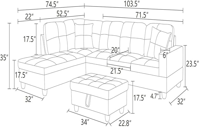 Sectional Couch with Ottoman Storage, L Shaped Sofa Furniture Sets, Modern Modular Couch Comfy Sofa for Living Room Bedroom, Dark Gray
