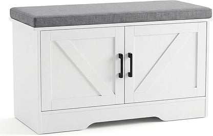 NEWBULIG 2-Tier Storage Bench, 28" Wide Shoe Bench with Padded Seat Cushion, Entryway Bench with 4 Barn Doors and Adjustable Shelf, White