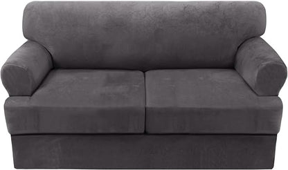 H.VERSAILTEX Sofa Cover 3 Piece T Cushion Loveseat Slipcovers Thick Velvet Couch Cover Stretch T Cushion Sofa Covers for 2 Cushion Couch with 2 Individual T Cushion Covers Washable, Grey