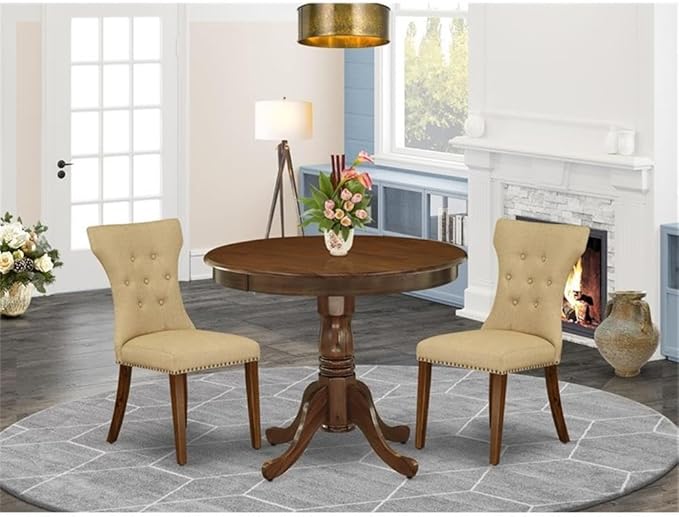 East West Furniture ANGA3-AWA-03 3 Piece Dining Set Contains a Round Dining Room Table with Pedestal and 2 Upholstered Chairs, 36x36 Inch, Antique Walnut