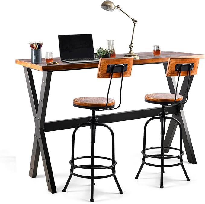 Bar Table, 47.24"L×41.33"H Bar Height Pub Table High Top Rectangular Sofa Console Table Kitchen Dining Coffee Table, for Narrow Space, Living Room, Indoor, Rustic Brown Wood, Industrial Black Metal