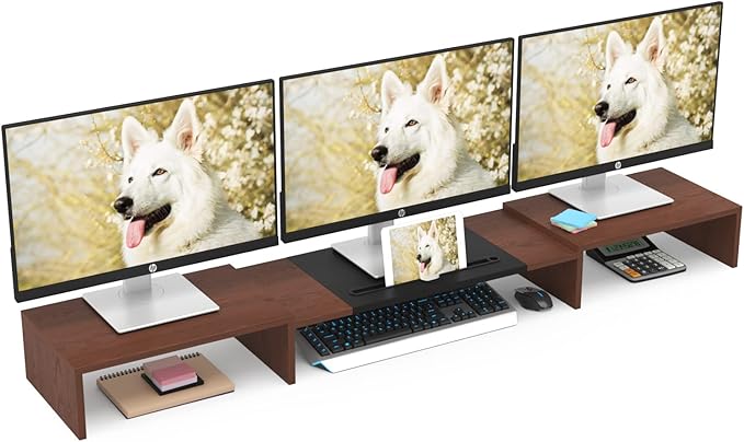 WESTREE Triple Monitor Stand Riser - Extra Long, Adjustable Length & Angle, 3 Shelf Desktop Storage for 1-3 Monitors
