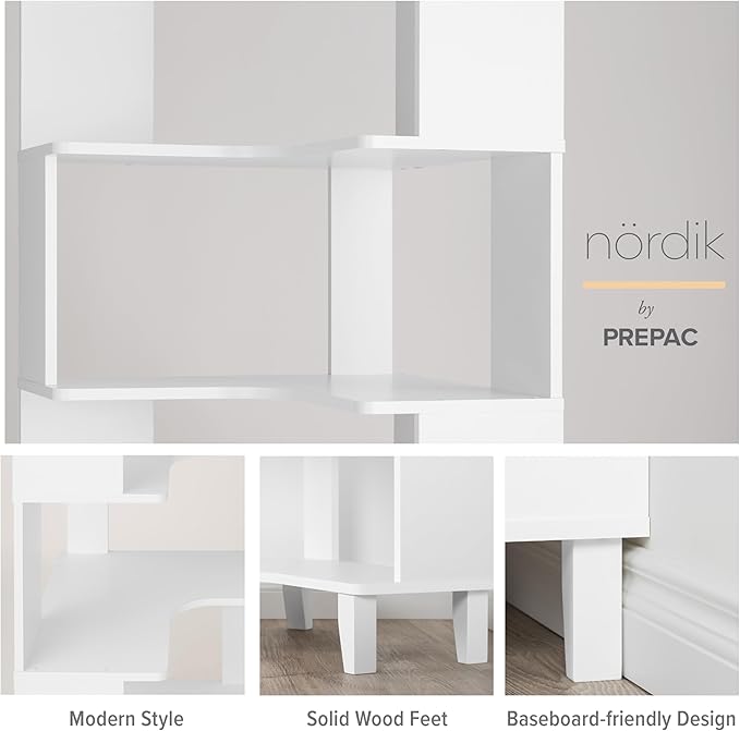 Prepac Nordik 6-Tier White Modern Mid Century Corner Bookcase, 71.5" Extra Tall White Corner Shelf with Storage, Multifunctional Freestanding Bookshelf for Home Office, Living Room, Bedroom