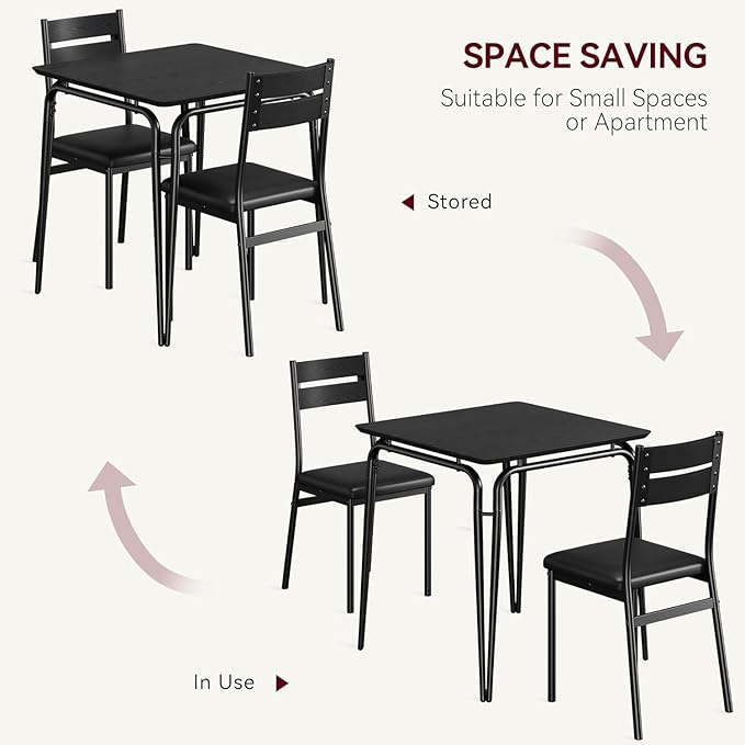 Dining Table Set for 2, Space-Saving Square 3-Piece Dinette with 2 Chairs, Modern Kitchen Furniture for Small Spaces & Apartments