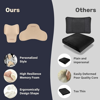 Coverado Lumbar Support and Car Neck Pillow, Ergonomic Memory Foam Desk Chair Cushion and Headrest Pillow for Car Office Chair, Sciatica & Neck & Tailbone Pain Relief Cushion-Beige
