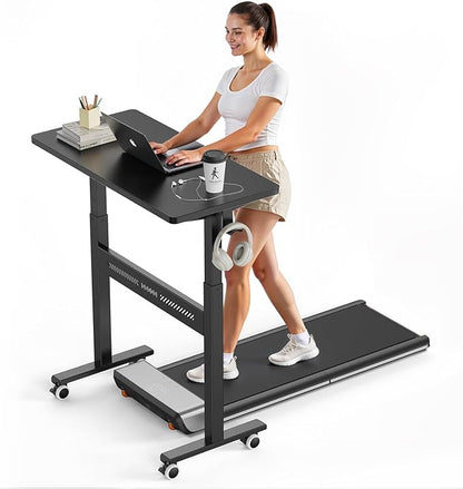 Mobile Walking Pad Desk with Wheels, Pneumatic Small Rolling Standing Desk Riser Height Adjustable (28-43.7") for Treadmill, Portable Computer Table for Home Office, Black