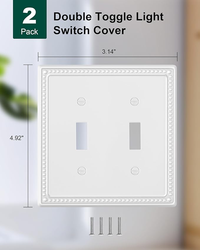 2-Pack Double Toggle Light Switch Cover Plate, Pearls Decorative Dual Switch Plate Covers, Pure White 2 Gang Metal Wall Plate, Corrosion Resistant