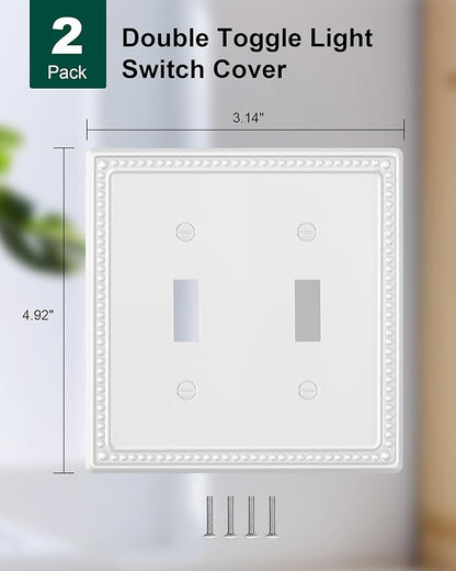 2-Pack Double Toggle Light Switch Cover Plate, Pearls Decorative Dual Switch Plate Covers, Pure White 2 Gang Metal Wall Plate, Corrosion Resistant