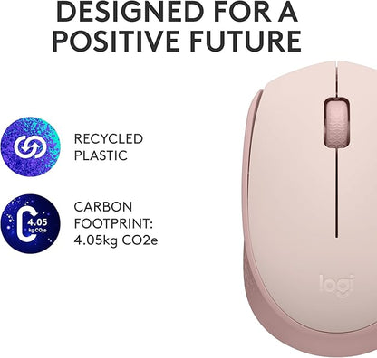Logitech M170 Wireless Mouse for PC, Mac, Laptop, 2.4 GHz with USB Mini Receiver, Optical Tracking, 12-Months Battery Life, Ambidextrous - Rose